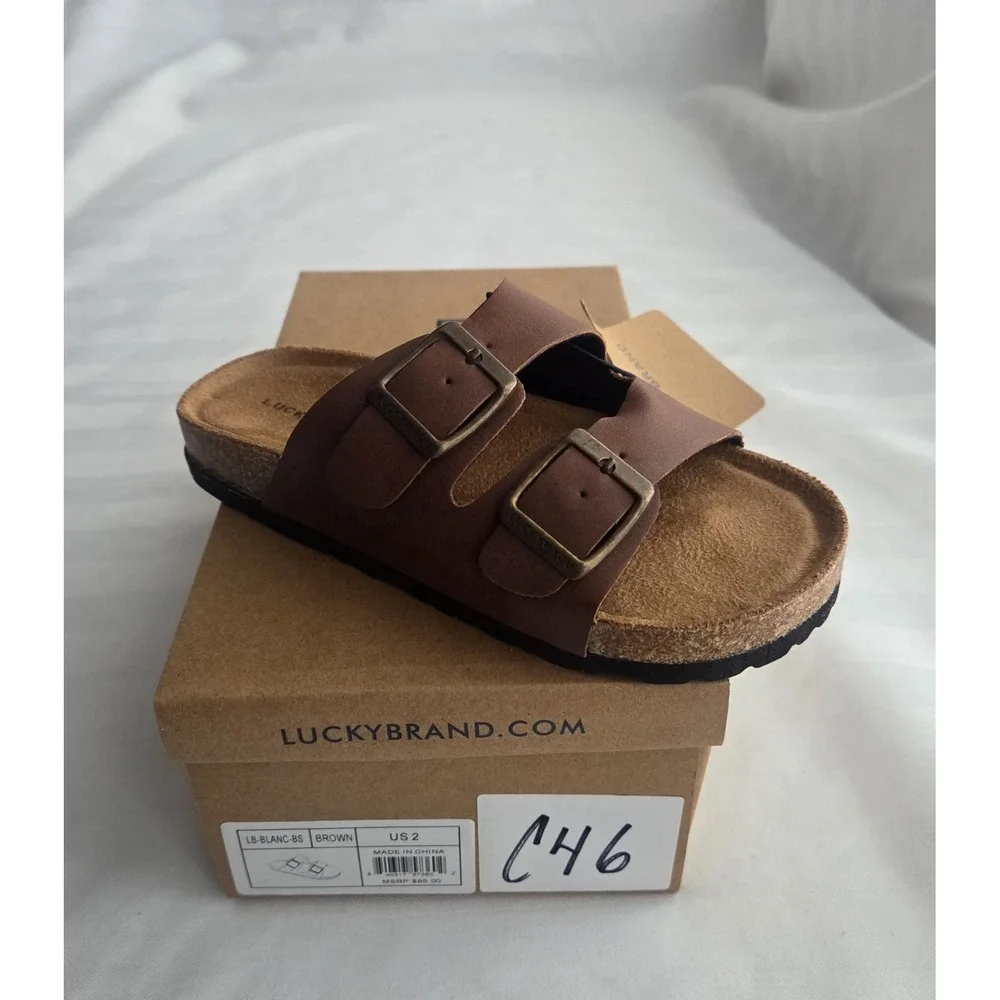 Lucky Brand Blanc Kids Brown Dual Strap Buckle Slide Sandals Size 2